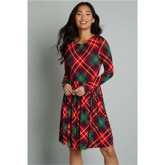 Modcloth Yours Truly Long Sleeve Tartan Plaid Holiday Dress Red Green Medium - Picture 1 of 10